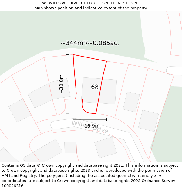 68, WILLOW DRIVE, CHEDDLETON, LEEK, ST13 7FF: Plot and title map