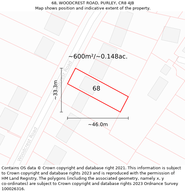 68, WOODCREST ROAD, PURLEY, CR8 4JB: Plot and title map