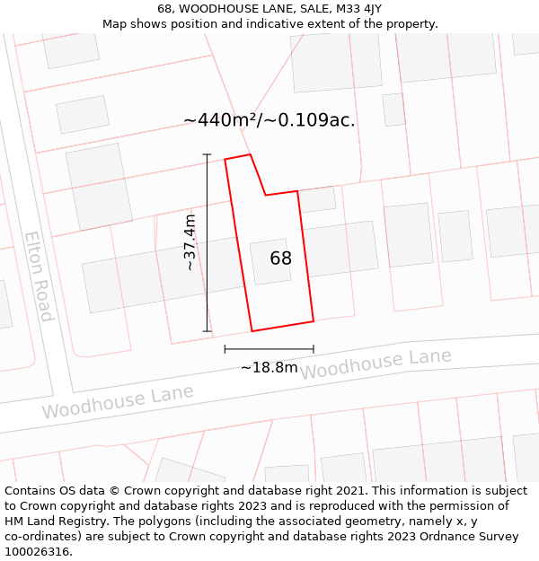 68, WOODHOUSE LANE, SALE, M33 4JY: Plot and title map