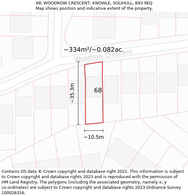 68, WOODROW CRESCENT, KNOWLE, SOLIHULL, B93 9EQ: Plot and title map