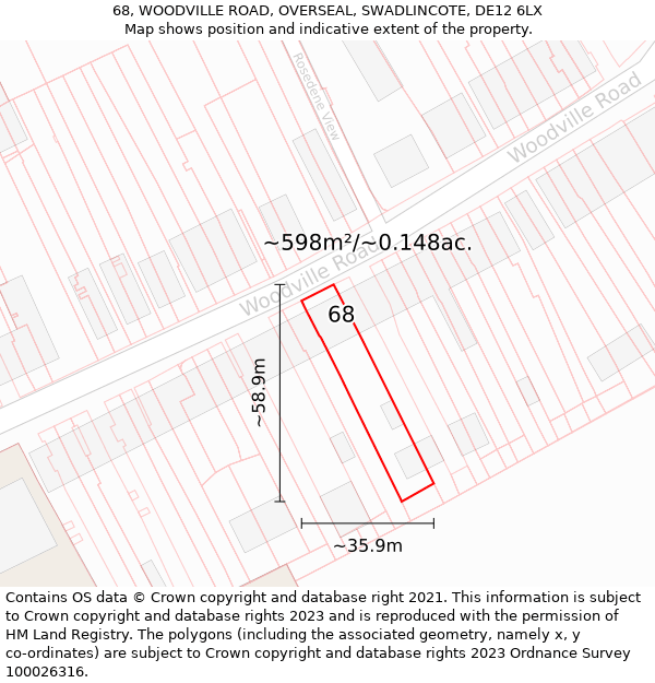 68, WOODVILLE ROAD, OVERSEAL, SWADLINCOTE, DE12 6LX: Plot and title map