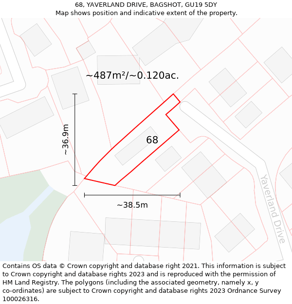 68, YAVERLAND DRIVE, BAGSHOT, GU19 5DY: Plot and title map