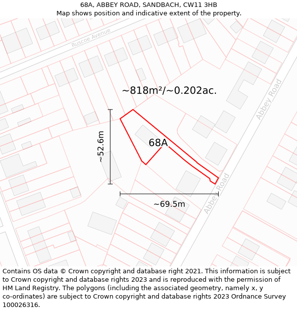 68A, ABBEY ROAD, SANDBACH, CW11 3HB: Plot and title map