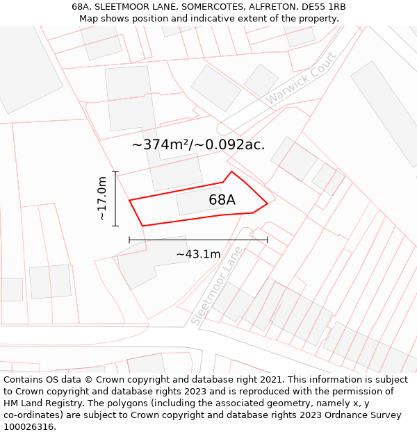 68A, SLEETMOOR LANE, SOMERCOTES, ALFRETON, DE55 1RB: Plot and title map