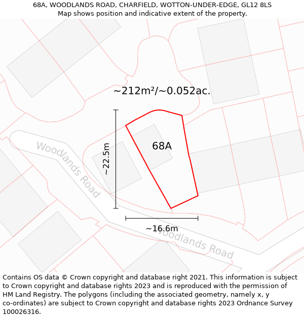 68A, WOODLANDS ROAD, CHARFIELD, WOTTON-UNDER-EDGE, GL12 8LS: Plot and title map