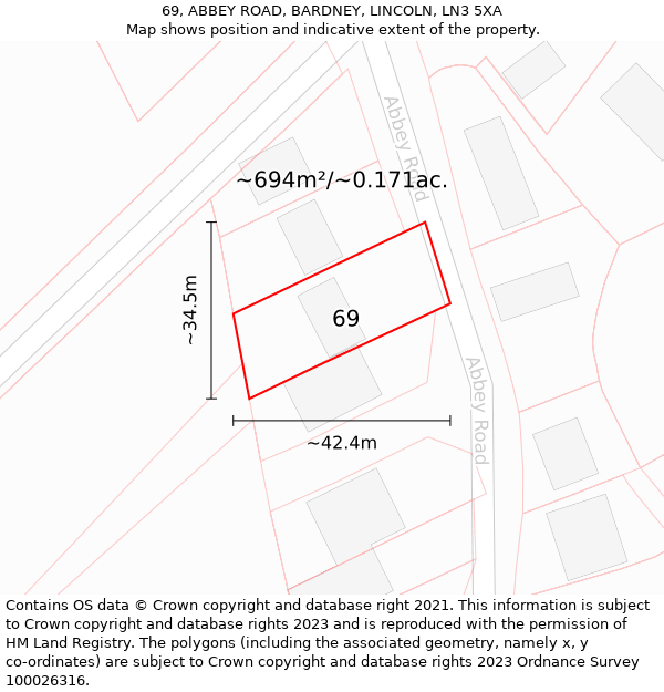 69, ABBEY ROAD, BARDNEY, LINCOLN, LN3 5XA: Plot and title map