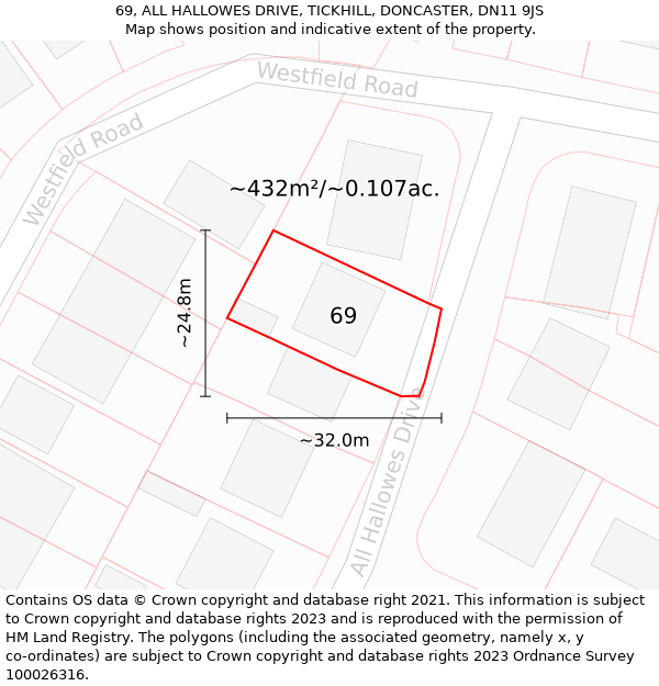 69, ALL HALLOWES DRIVE, TICKHILL, DONCASTER, DN11 9JS: Plot and title map