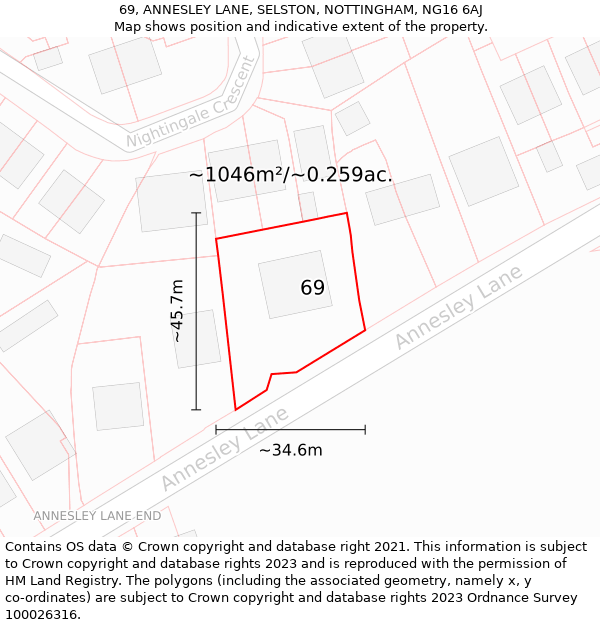 69, ANNESLEY LANE, SELSTON, NOTTINGHAM, NG16 6AJ: Plot and title map