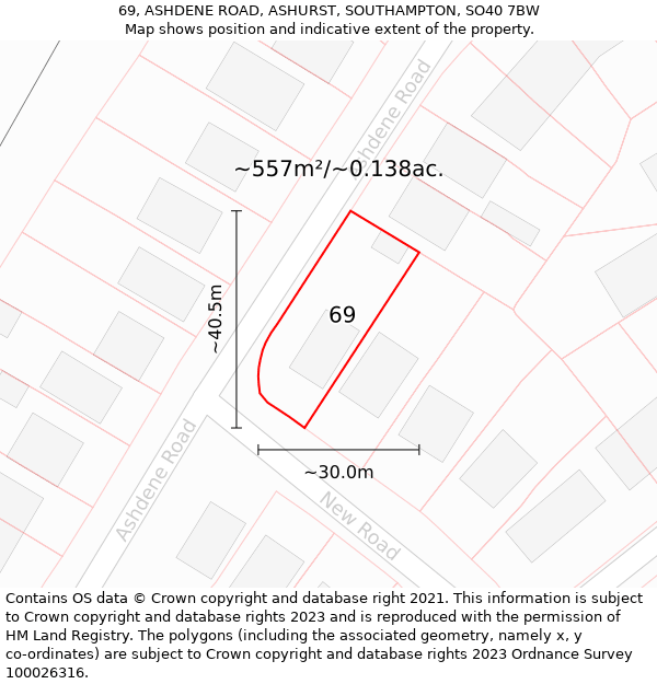 69, ASHDENE ROAD, ASHURST, SOUTHAMPTON, SO40 7BW: Plot and title map