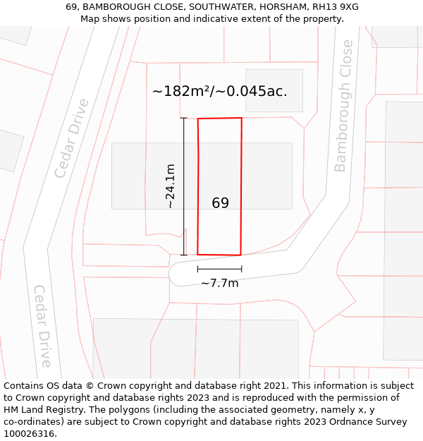 69, BAMBOROUGH CLOSE, SOUTHWATER, HORSHAM, RH13 9XG: Plot and title map