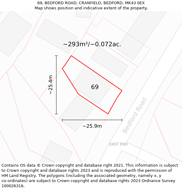69, BEDFORD ROAD, CRANFIELD, BEDFORD, MK43 0EX: Plot and title map
