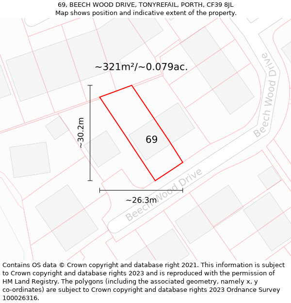 69, BEECH WOOD DRIVE, TONYREFAIL, PORTH, CF39 8JL: Plot and title map