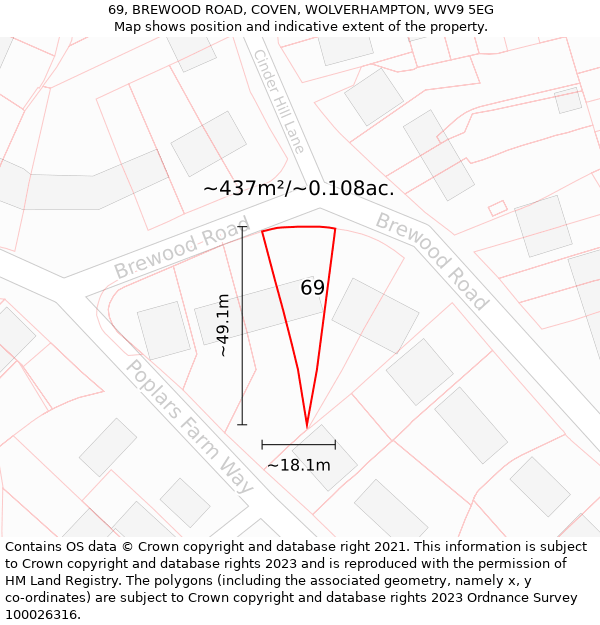 69, BREWOOD ROAD, COVEN, WOLVERHAMPTON, WV9 5EG: Plot and title map