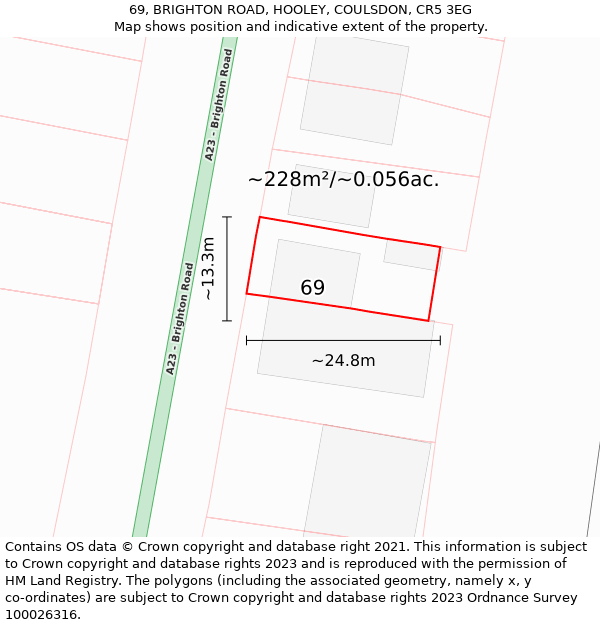 69, BRIGHTON ROAD, HOOLEY, COULSDON, CR5 3EG: Plot and title map