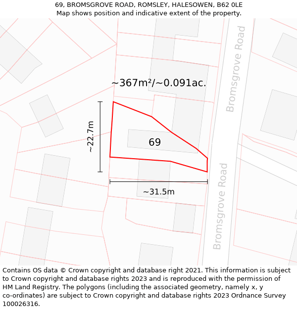 69, BROMSGROVE ROAD, ROMSLEY, HALESOWEN, B62 0LE: Plot and title map