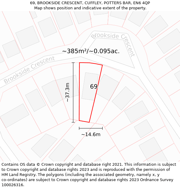 69, BROOKSIDE CRESCENT, CUFFLEY, POTTERS BAR, EN6 4QP: Plot and title map