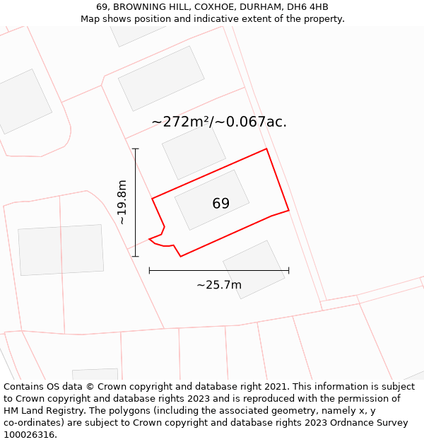69, BROWNING HILL, COXHOE, DURHAM, DH6 4HB: Plot and title map