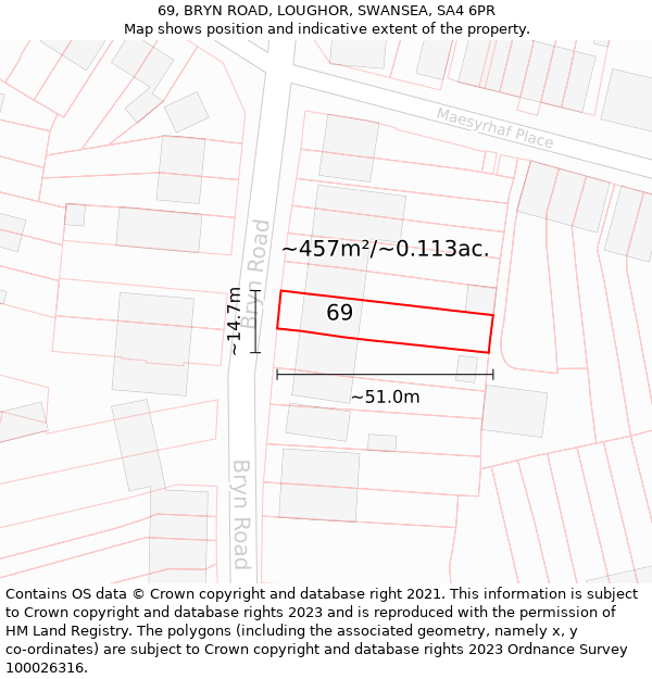 69, BRYN ROAD, LOUGHOR, SWANSEA, SA4 6PR: Plot and title map