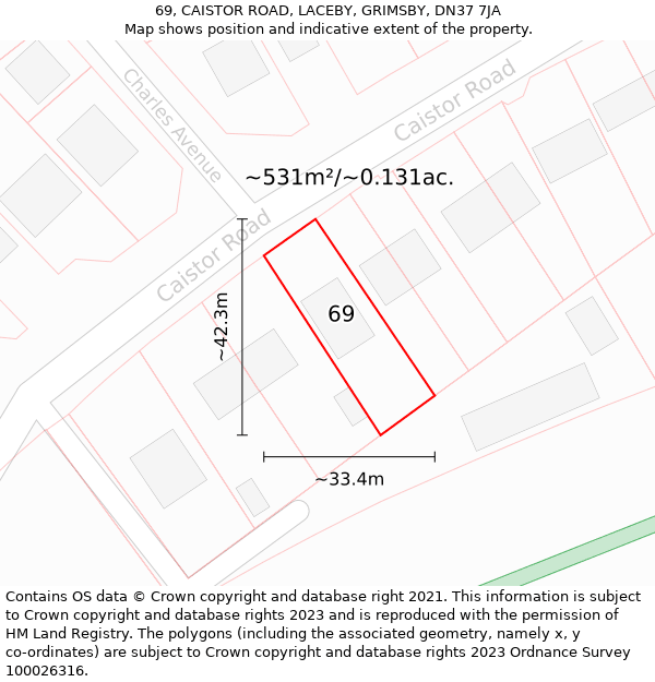 69, CAISTOR ROAD, LACEBY, GRIMSBY, DN37 7JA: Plot and title map