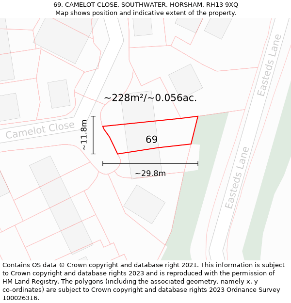 69, CAMELOT CLOSE, SOUTHWATER, HORSHAM, RH13 9XQ: Plot and title map