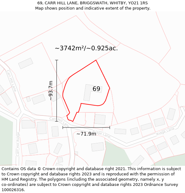 69, CARR HILL LANE, BRIGGSWATH, WHITBY, YO21 1RS: Plot and title map