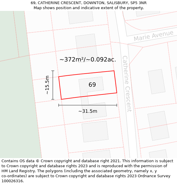 69, CATHERINE CRESCENT, DOWNTON, SALISBURY, SP5 3NR: Plot and title map