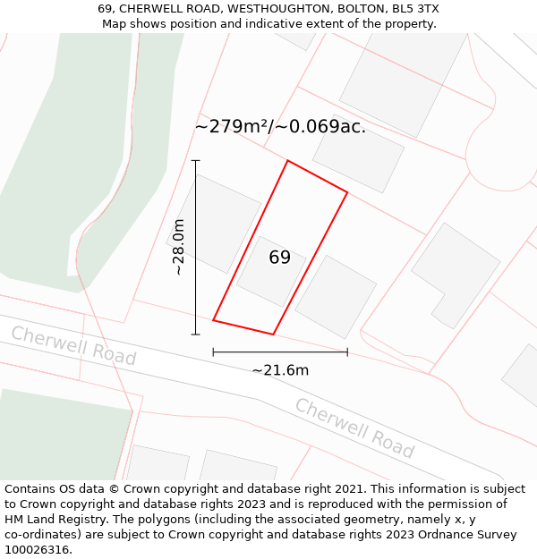 69, CHERWELL ROAD, WESTHOUGHTON, BOLTON, BL5 3TX: Plot and title map
