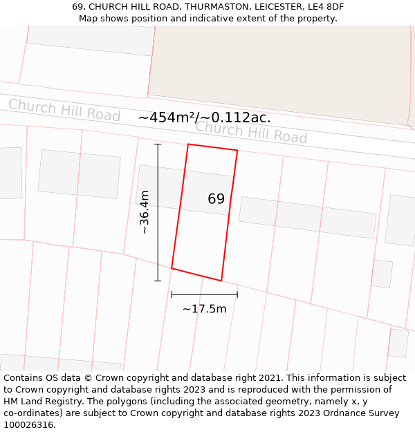 69, CHURCH HILL ROAD, THURMASTON, LEICESTER, LE4 8DF: Plot and title map