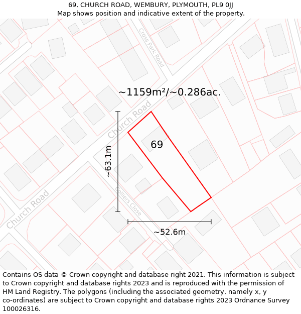 69, CHURCH ROAD, WEMBURY, PLYMOUTH, PL9 0JJ: Plot and title map