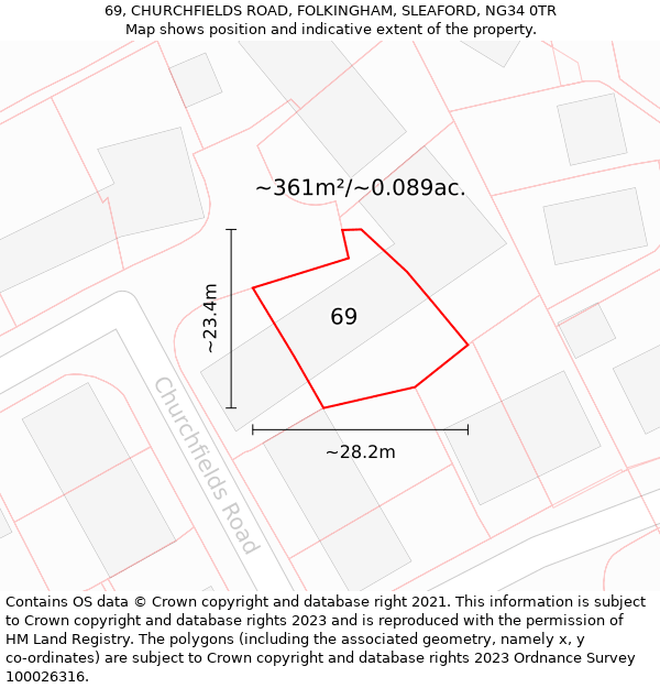 69, CHURCHFIELDS ROAD, FOLKINGHAM, SLEAFORD, NG34 0TR: Plot and title map