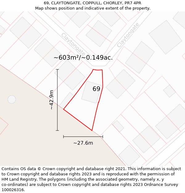 69, CLAYTONGATE, COPPULL, CHORLEY, PR7 4PR: Plot and title map