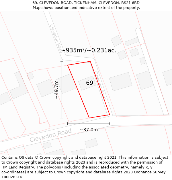 69, CLEVEDON ROAD, TICKENHAM, CLEVEDON, BS21 6RD: Plot and title map