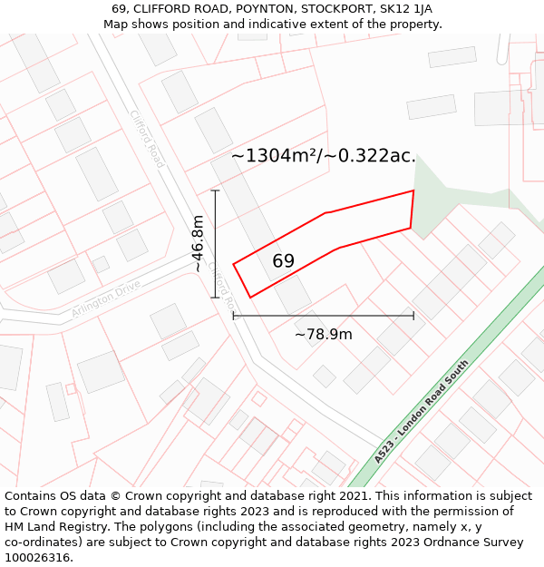 69, CLIFFORD ROAD, POYNTON, STOCKPORT, SK12 1JA: Plot and title map