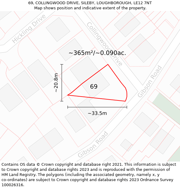 69, COLLINGWOOD DRIVE, SILEBY, LOUGHBOROUGH, LE12 7NT: Plot and title map