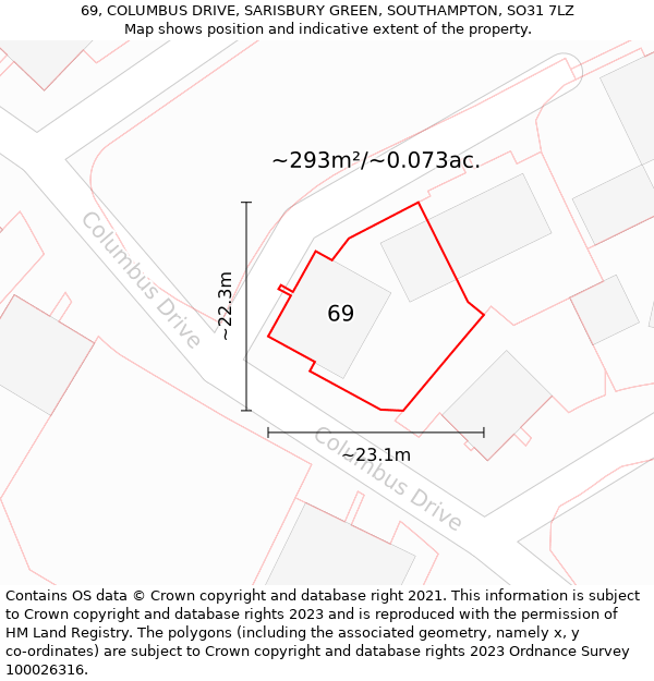 69, COLUMBUS DRIVE, SARISBURY GREEN, SOUTHAMPTON, SO31 7LZ: Plot and title map