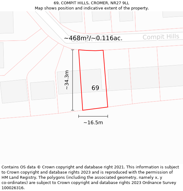 69, COMPIT HILLS, CROMER, NR27 9LL: Plot and title map