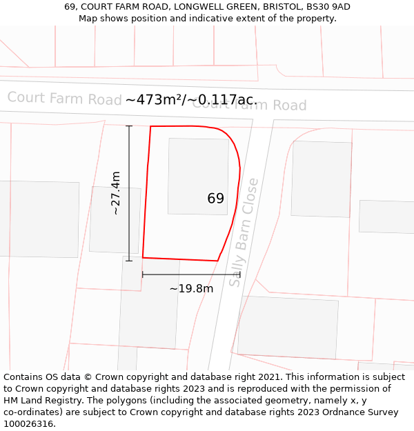 69, COURT FARM ROAD, LONGWELL GREEN, BRISTOL, BS30 9AD: Plot and title map