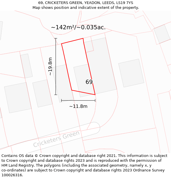 69, CRICKETERS GREEN, YEADON, LEEDS, LS19 7YS: Plot and title map