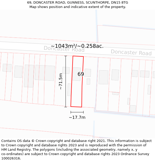 69, DONCASTER ROAD, GUNNESS, SCUNTHORPE, DN15 8TG: Plot and title map