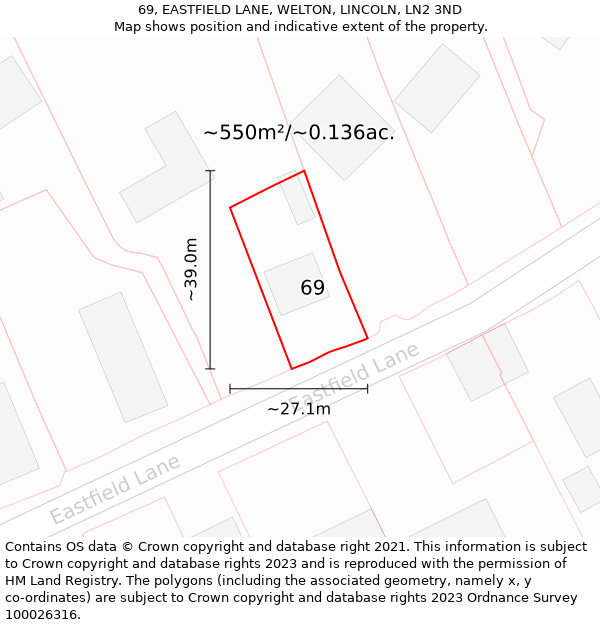69, EASTFIELD LANE, WELTON, LINCOLN, LN2 3ND: Plot and title map