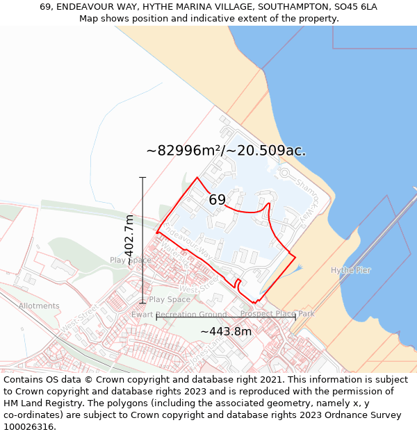 69, ENDEAVOUR WAY, HYTHE MARINA VILLAGE, SOUTHAMPTON, SO45 6LA: Plot and title map