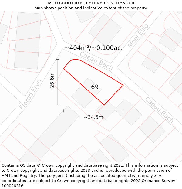 69, FFORDD ERYRI, CAERNARFON, LL55 2UR: Plot and title map