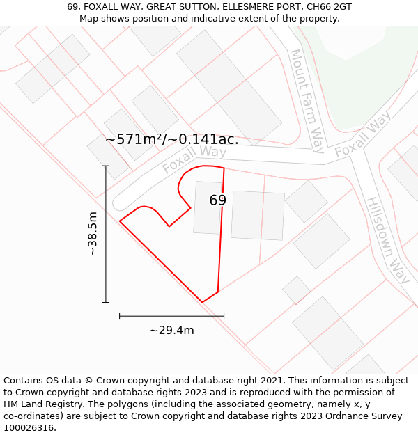 69, FOXALL WAY, GREAT SUTTON, ELLESMERE PORT, CH66 2GT: Plot and title map