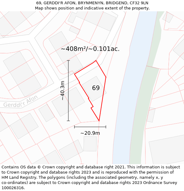 69, GERDDI'R AFON, BRYNMENYN, BRIDGEND, CF32 9LN: Plot and title map