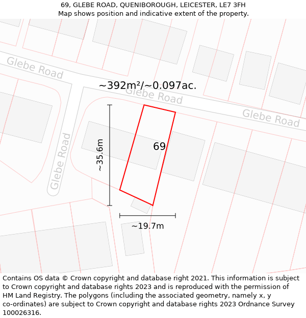 69, GLEBE ROAD, QUENIBOROUGH, LEICESTER, LE7 3FH: Plot and title map