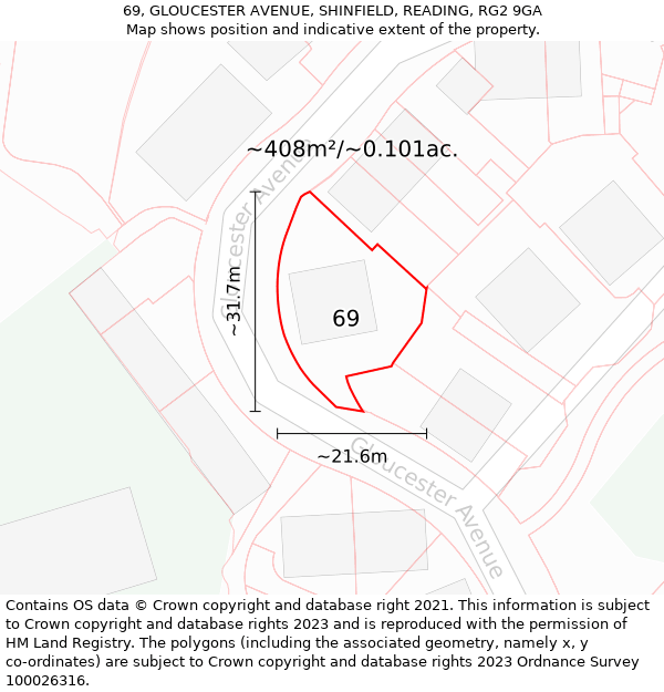 69, GLOUCESTER AVENUE, SHINFIELD, READING, RG2 9GA: Plot and title map