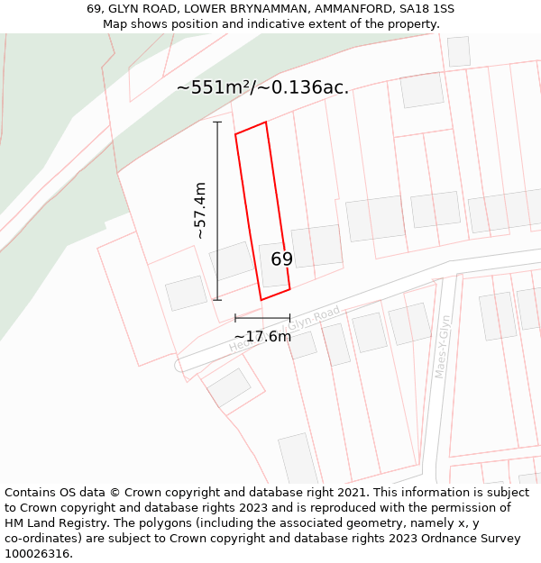 69, GLYN ROAD, LOWER BRYNAMMAN, AMMANFORD, SA18 1SS: Plot and title map