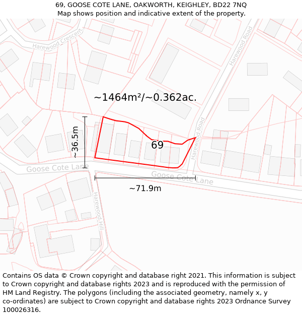 69, GOOSE COTE LANE, OAKWORTH, KEIGHLEY, BD22 7NQ: Plot and title map