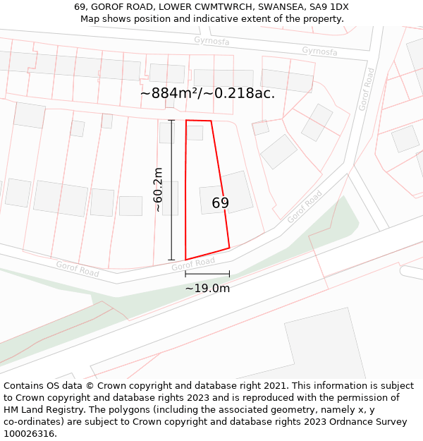 69, GOROF ROAD, LOWER CWMTWRCH, SWANSEA, SA9 1DX: Plot and title map