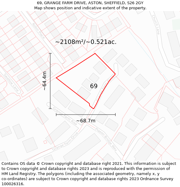 69, GRANGE FARM DRIVE, ASTON, SHEFFIELD, S26 2GY: Plot and title map